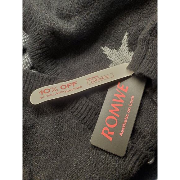 Romwe NWT Cardigan Knit Sweater Black White Stars Crop Size XL, EUR 44, US 12‎ - Picture 9 of 11